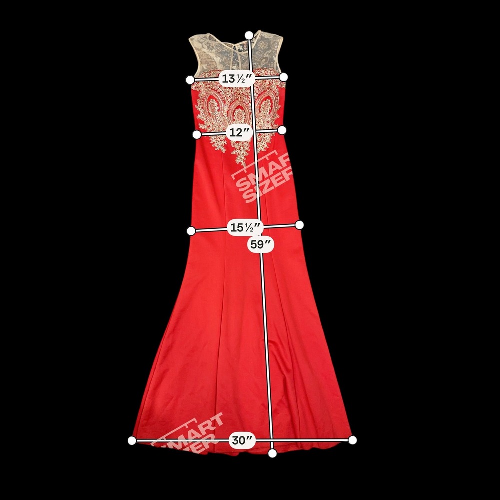 Red Gold Embroidered Illusion Neck Evening Gown Maxi Dress - Picture 7 of 8